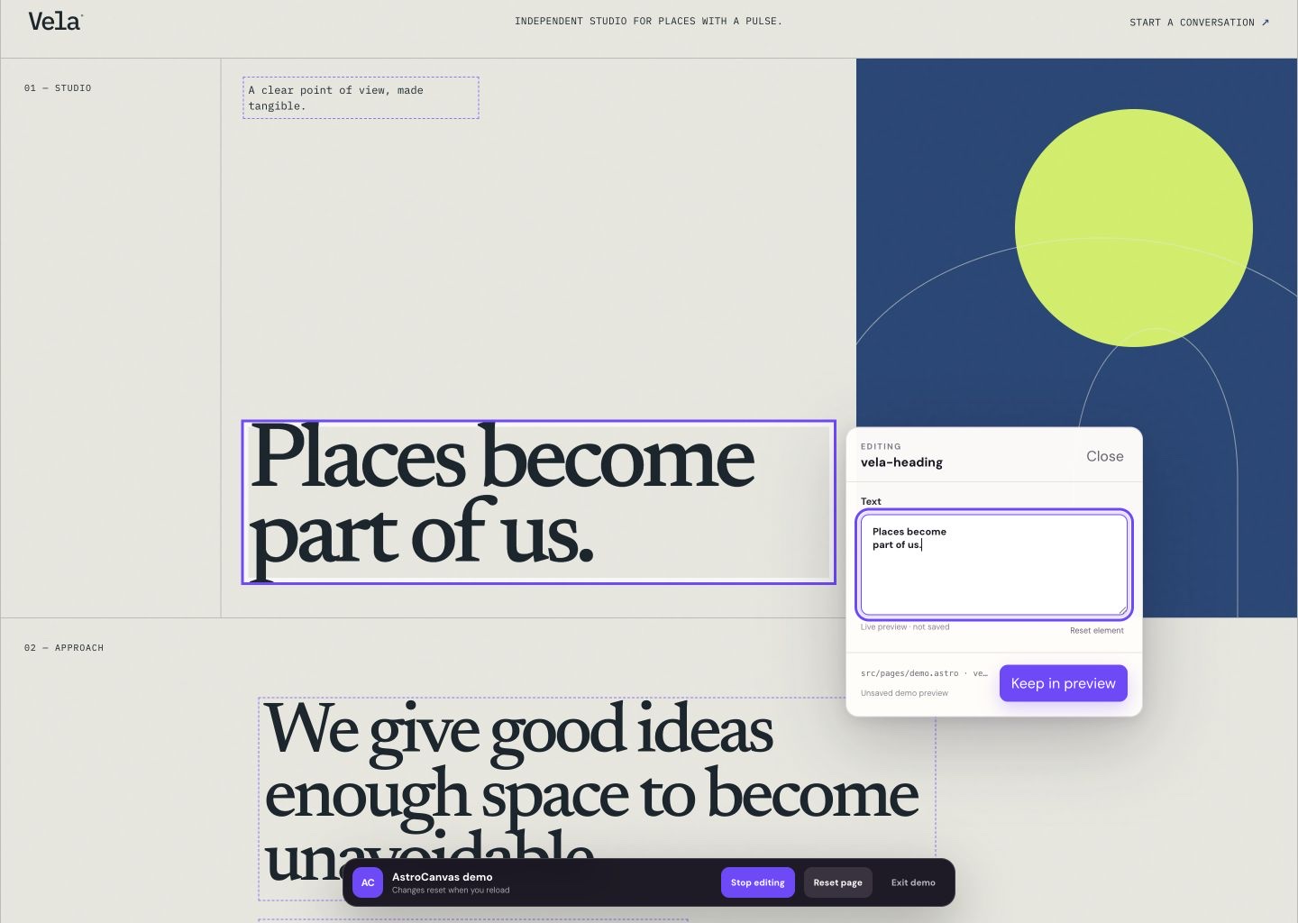 AstroCanvas visually editing the Vela Studio Astro demo website